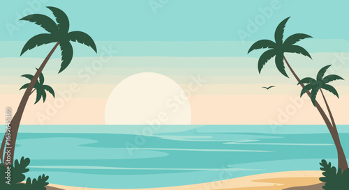 Relaxing sunset beach scene with palm trees tropical coast digital illustration calm atmosphere aerial view serenity concept. Vector illustration