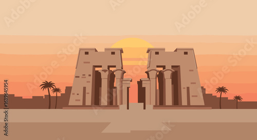 Sunset view of ancient egyptian temples luxor digital art serene landscape panoramic perspective. Vector illustration