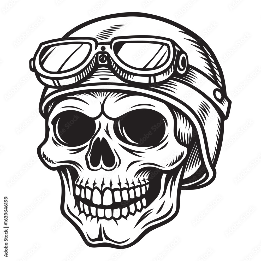 Fototapeta premium Illustration of a human skull adorned with vintage aviator goggles and a leather jacket