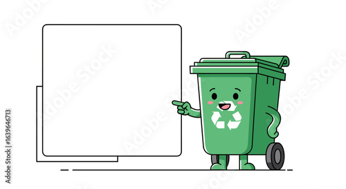 Cute green recycling bin character pointing at a blank speech bubble for your message