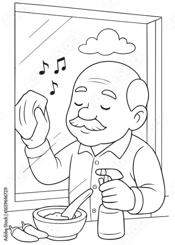 Coloring book page of grandpa happily cleaning a window.