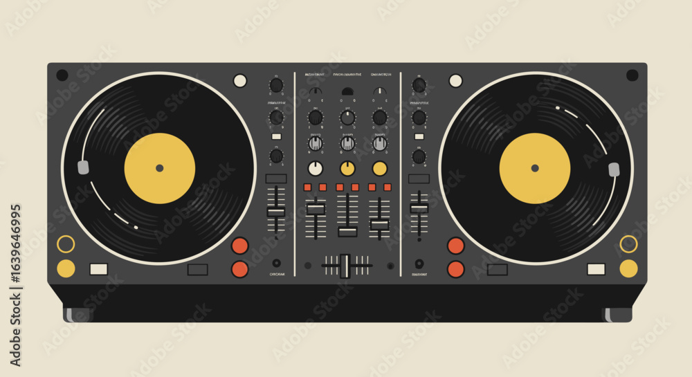 Fototapeta premium Dj equipment setup music studio digital artwork creative space top view sound and vibes. Vector illustration