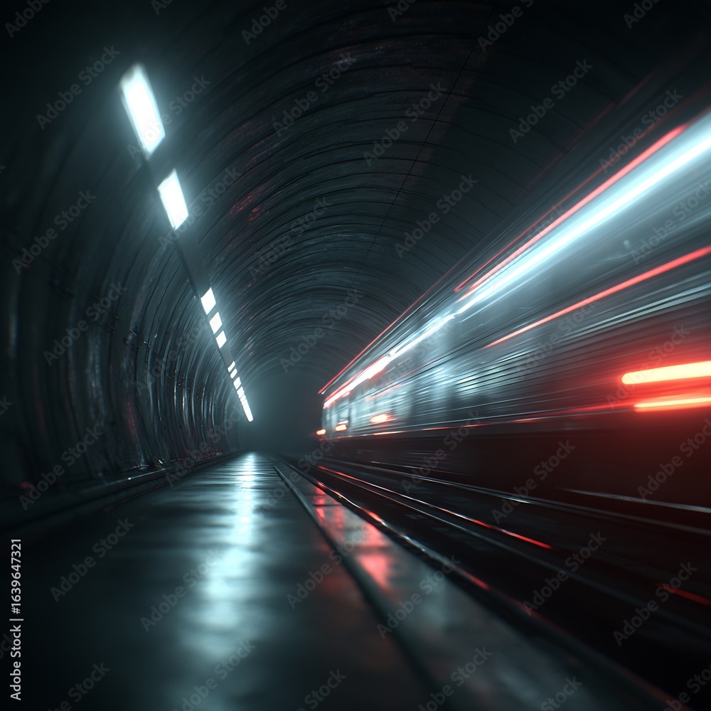 Fototapeta premium Illuminated trajectory within a dark tunnel creating a dramatic effect, showcasing speed