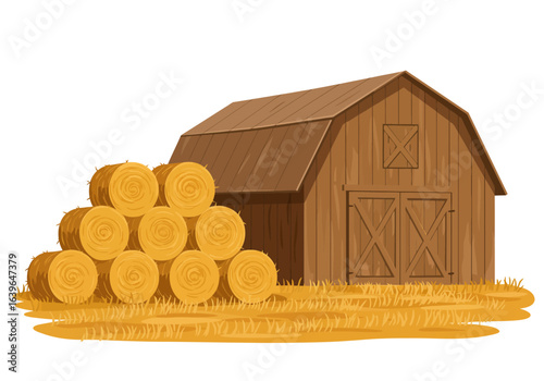 A wooden barn stands behind a stack of hay bales on a patch of grassy land
