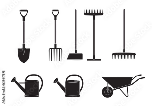 Black garden tools include shovel rakes wheelbarrow  watering cans