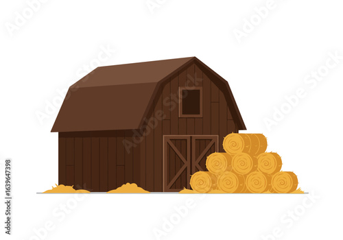 Brown barn with hay bales in front