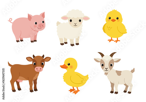 Cute cartoon farm animals pig sheep chick cow duckling goat isolated