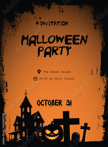 Eerie Graveyard Halloween Invitation with Pumpkin, haunted house, and graveyard