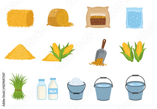 Farm supplies hay bales corn grass milk water feed  a scoop