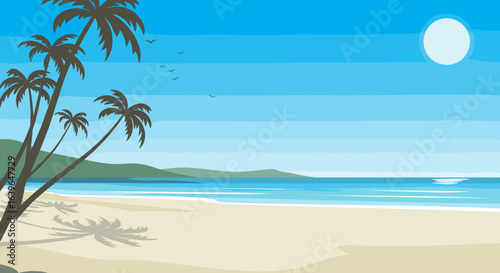 Relaxing beach day with palm trees tropical paradise digital art sunny environment wide-angle view serenity. Vector illustration