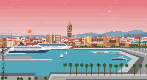 Cruise ships docking at the beautiful port of malaga spain illustration vibrant sunset panoramic view travel concept. Vector illustration