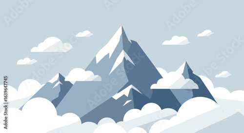 Explore majestic mountain peaks surrounded by clouds in a serene landscape view. Vector illustration