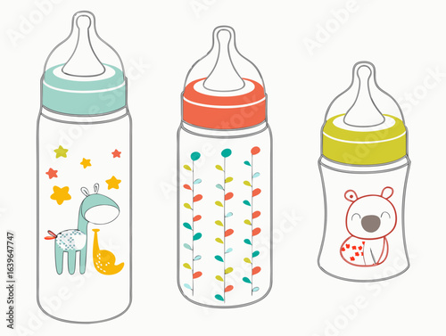 Set of baby feeding bottles in different styles	