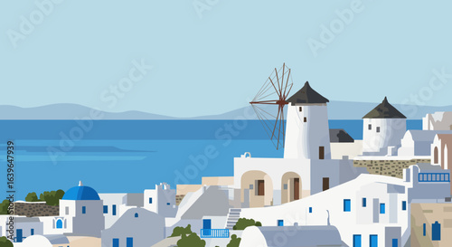 Exploring iconic windmills and whitewashed buildings in santorini greece - a coastal landscape illustration. Vector illustration