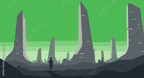 Exploring a futuristic landscape with monoliths unknown region digital art surreal environment low angle view. Vector illustration