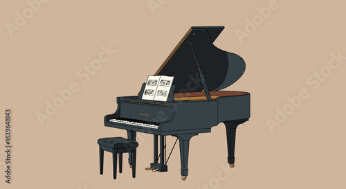 Grand piano performance setup home studio digital artwork minimalist design side view musical inspiration. Vector illustration