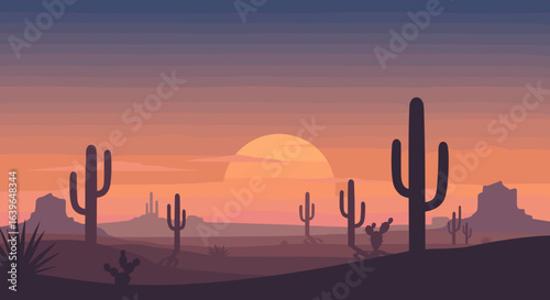 Sunset over desert landscape with cacti arizona digital artwork tranquil environment wide viewpoint nature concept. Vector illustration