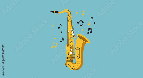 Energetic jazz performance featuring a saxophone studio setting digital illustration vibrant colors close-up view musical art. Vector illustration