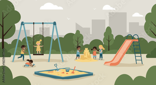 Children playing in city park engaging activities outdoor environment vibrant community space. Vector illustration