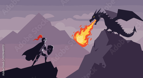 Epic battle of knight and dragon in fantasy landscape digital art adventure dramatic viewpoint. Vector illustration