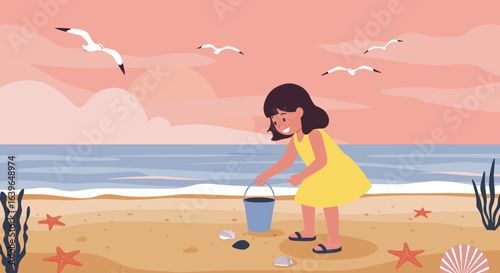Child collecting shells on a serene beach at sunset digital illustration coastal landscape playful vibe. Vector illustration