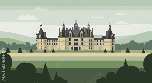 Exploring historic architecture grand chateau countryside digital illustration serene landscape front view timeless elegance. Vector illustration