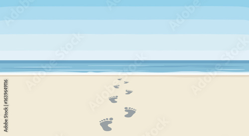 Footprints leading to the ocean beach nature scene tranquil environment serene viewpoint journey concept. Vector illustration
