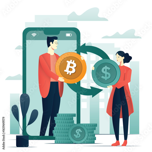 Character change bitcoin to money. Cryptocurrency convert or exchange market. Blockchain flat illustration