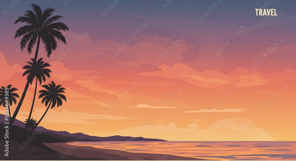 Fototapeta premium Beach scene with palm trees at sunset The sky blends from purple to orange with scattered clouds and calm water