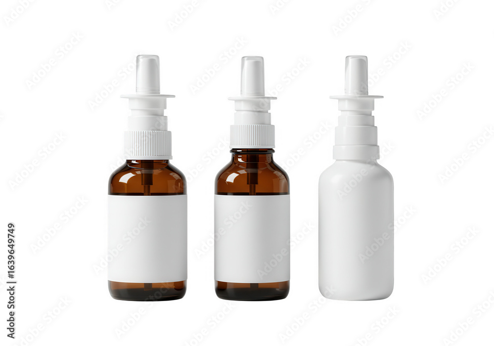 Fototapeta premium Three nasal spray bottles with white labels and white spray nozzles isolated on transparent background
