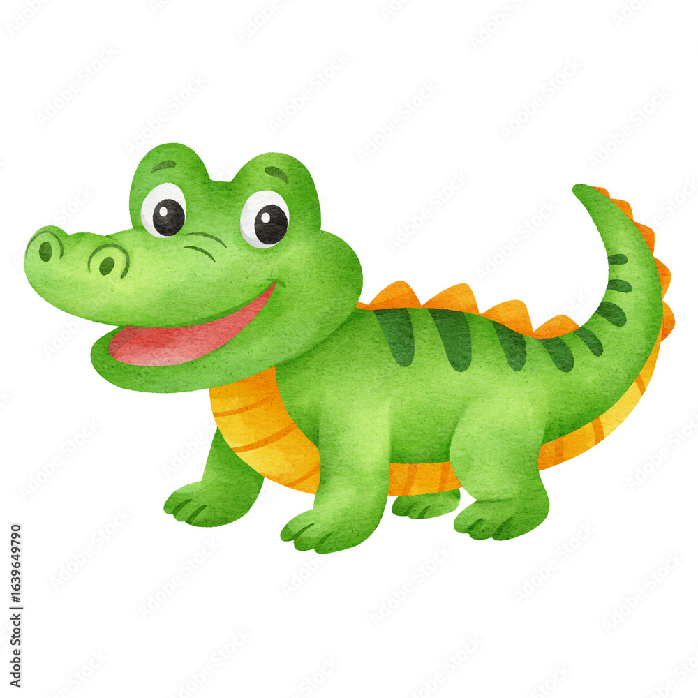 Fototapeta premium Adorable watercolor cartoon alligator with bright green body, smiling face, and orange belly. Transparent PNG, perfect for stickers, kids’ books, educational projects, and animal clipart designs.