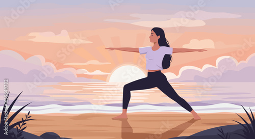 Sunset yoga practice on the beach relaxing environment inspirational lifestyle serene viewpoint. Vector illustration