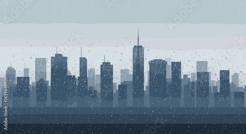 Rainy urban skyline cityscape digital art overcast environment wide view urban serenity. Vector illustration