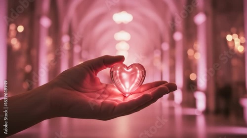 Hand holding crystal heart shining with soft light on hallway background symbolic concept of love and giving