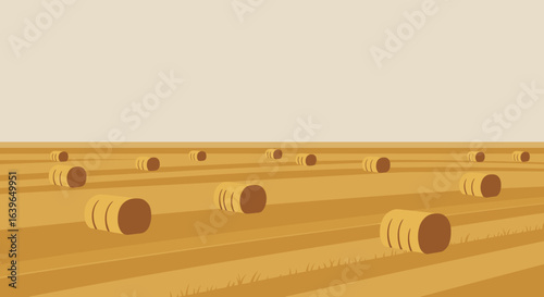 Harvesting bales of hay rural landscape agricultural photography sunny environment panoramic view nature's abundance. Vector illustration