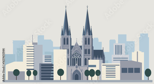 Exploring architectural marvels cathedral and modern skyline in urban environment digital art perspective. Vector illustration