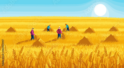 Harvesting wheat farmers collecting grains in a golden field under bright sunlight rural landscape vibrant environment. Vector illustration