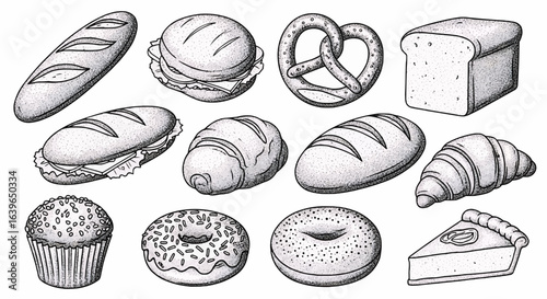 A vintage style engraved illustration set of various bakery items including bread, pastries, and desserts isolated on a white background.