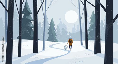 Winter hiking adventure in snowy forest scenic nature walk peaceful environment tranquil viewpoint. Vector illustration