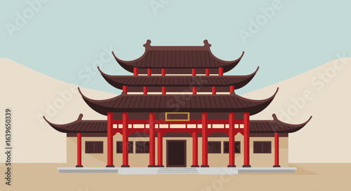 Cultural heritage exploration traditional chinese architecture digital illustration minimalist style front view artistic concept. Vector illustration