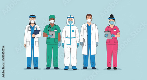 Diverse Medical Professionals in Protective Gear, Representing Healthcare Resilience and Dedication