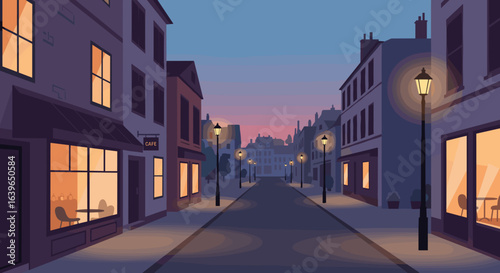 Evening stroll through charming streets city center digital illustration urban environment perspective serenity. Vector illustration