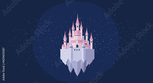 Floating castle fantasy illustration digital art night sky enchanted realm magical viewpoint. Vector illustration