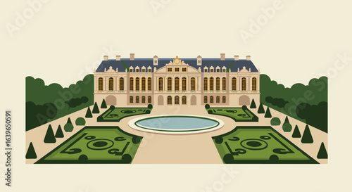Elegant mansion landscape french countryside digital illustration lush gardens aerial view classic architecture concept. Vector illustration