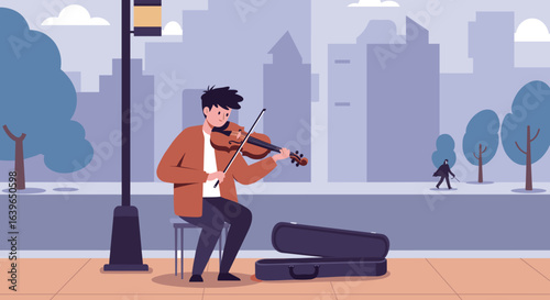 Street musician playing violin urban city digital illustration vibrant environment side view art and culture. Vector illustration
