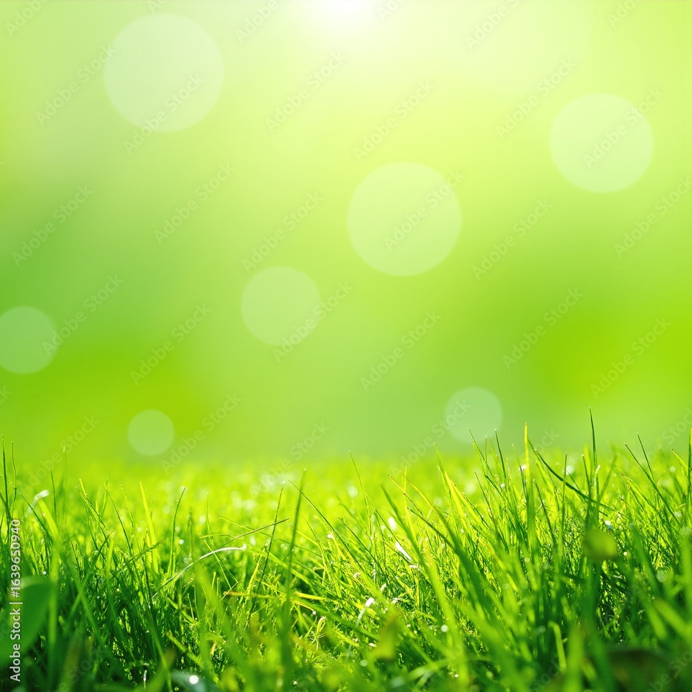 Fototapeta premium Lush green grass glistens under warm sunlight, creating a vibrant, inviting scene. A gentle breeze rustles through, enhancing the serene atmosphere.
