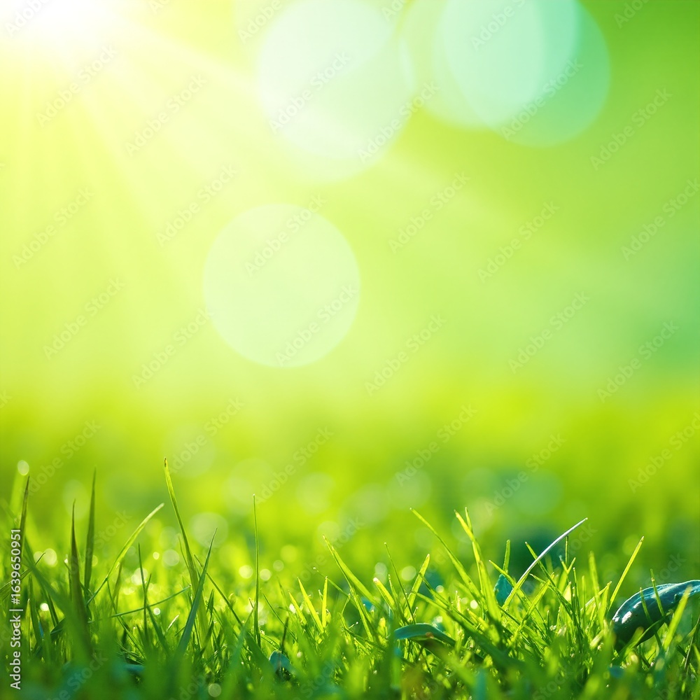 Fototapeta premium Lush green grass glistens under the warm sunlight, creating a vibrant, inviting scene that captures the essence of a serene outdoor setting.