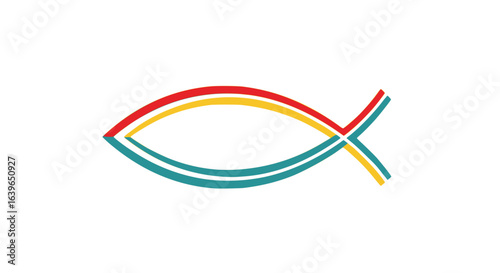 Colorful vector illustration of Christian fish symbol (ichthys) in vibrant rainbow stripes on clean white background. Modern geometric interpretation of the ancient Christian fish emblem featuring red