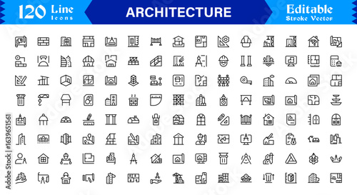 Professional Architecture Line Icon Set Featuring Modern Minimal Designs, Unique Building Symbols, Construction Elements, Urban Planning Icons, and Structural Concepts for Creative Use