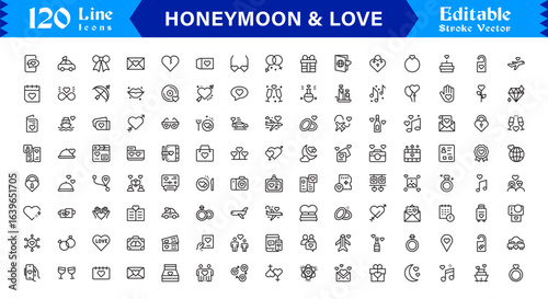 Honeymoon Romance Line Icon Set – Modern Minimal Unique Love Symbols, Couple Travel Line Icon Collection